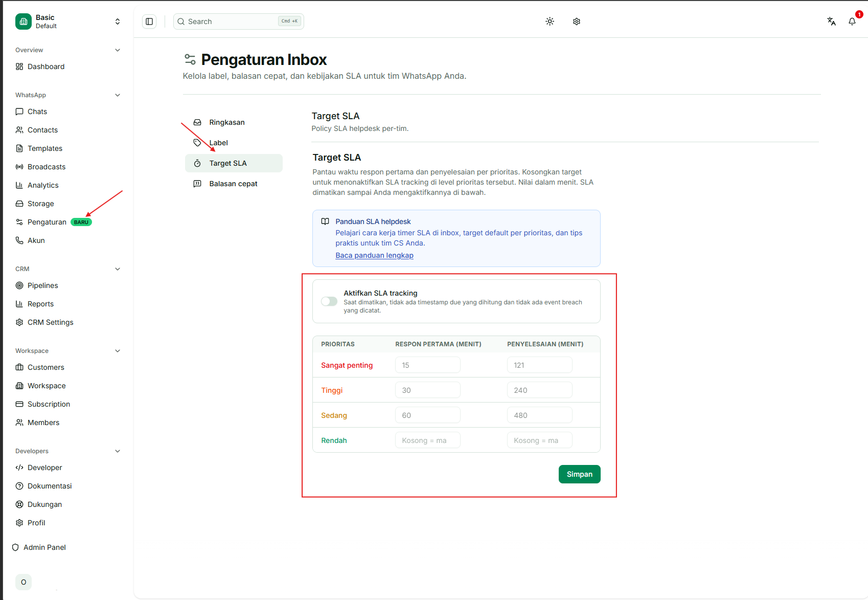 Halaman Target SLA di Inbox Settings — aktifkan tracking dan isi target per prioritas
