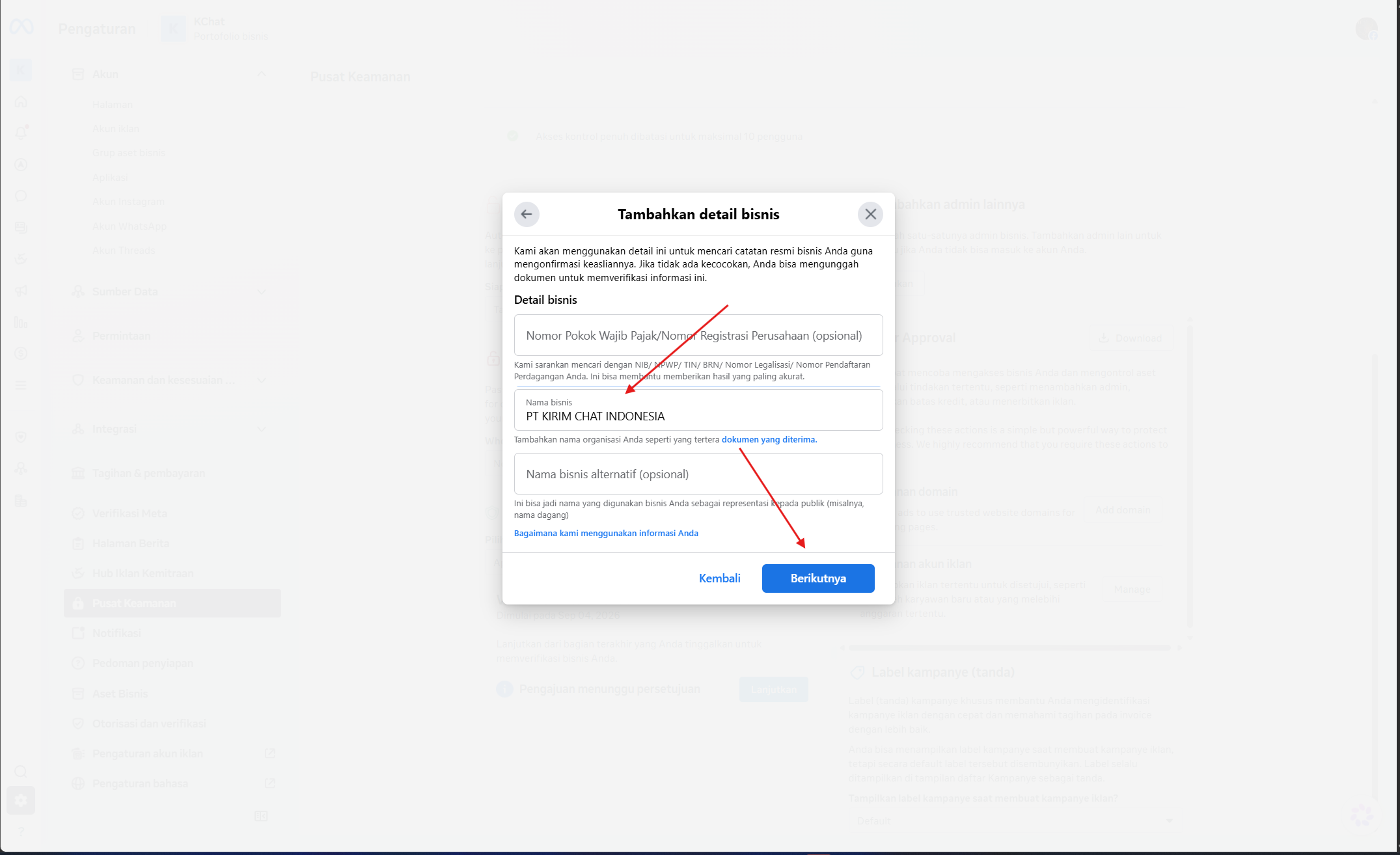 Form Tambahkan detail bisnis Meta dengan kolom nomor registrasi, nama legal bisnis, dan nama alternatif