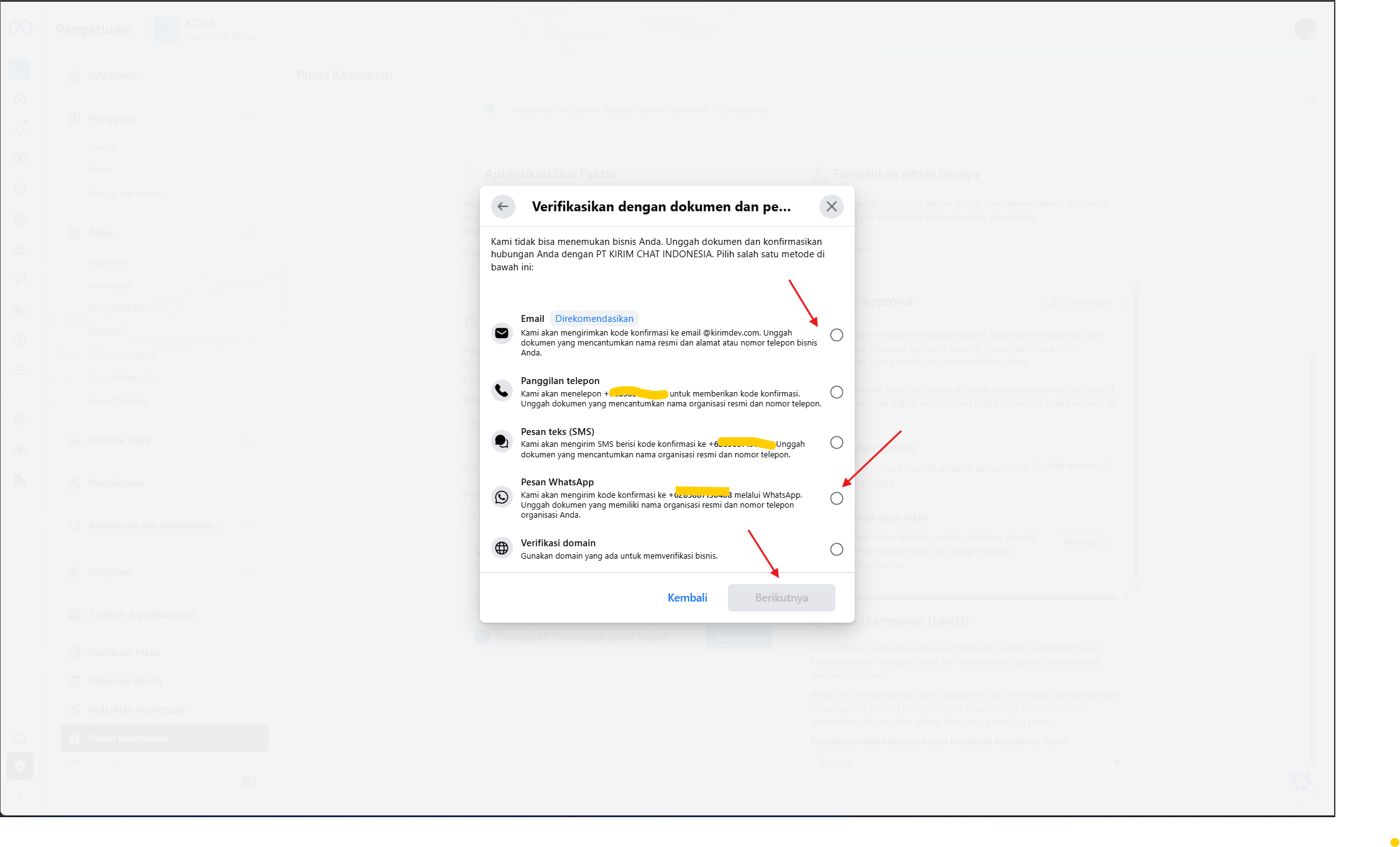 Daftar cara membuktikan wewenang atas bisnis di Meta melalui email, telepon, SMS, WhatsApp, atau domain